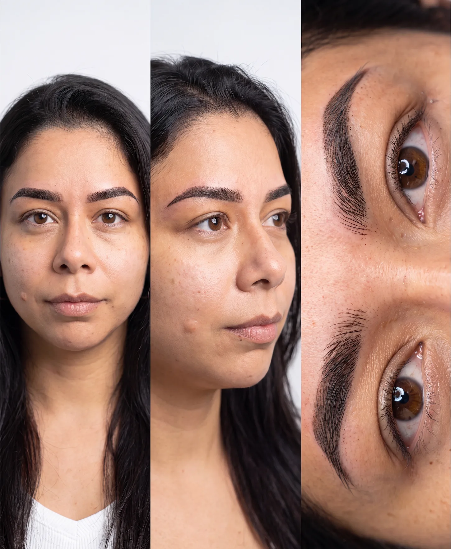 One client, three views — front, angle and close-up of healed semi-permanent brows
